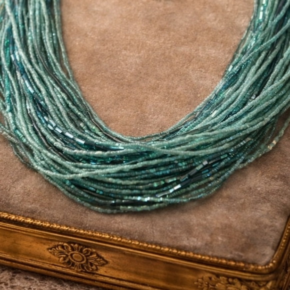 Vintage Jewelry - Vintage multi strand glass bead necklace in a soft aqua turquoise tone layers